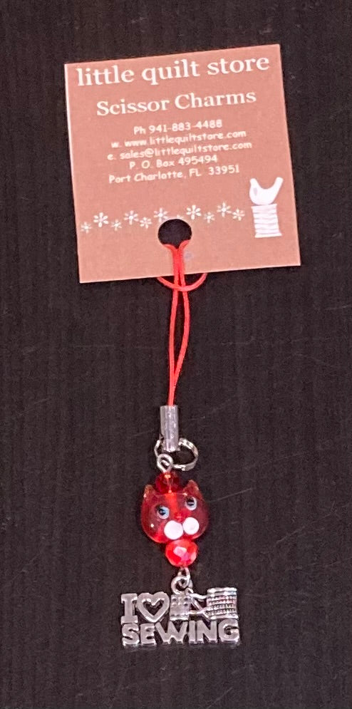 Scissor Charm - red cat face with I Love Sewing charm