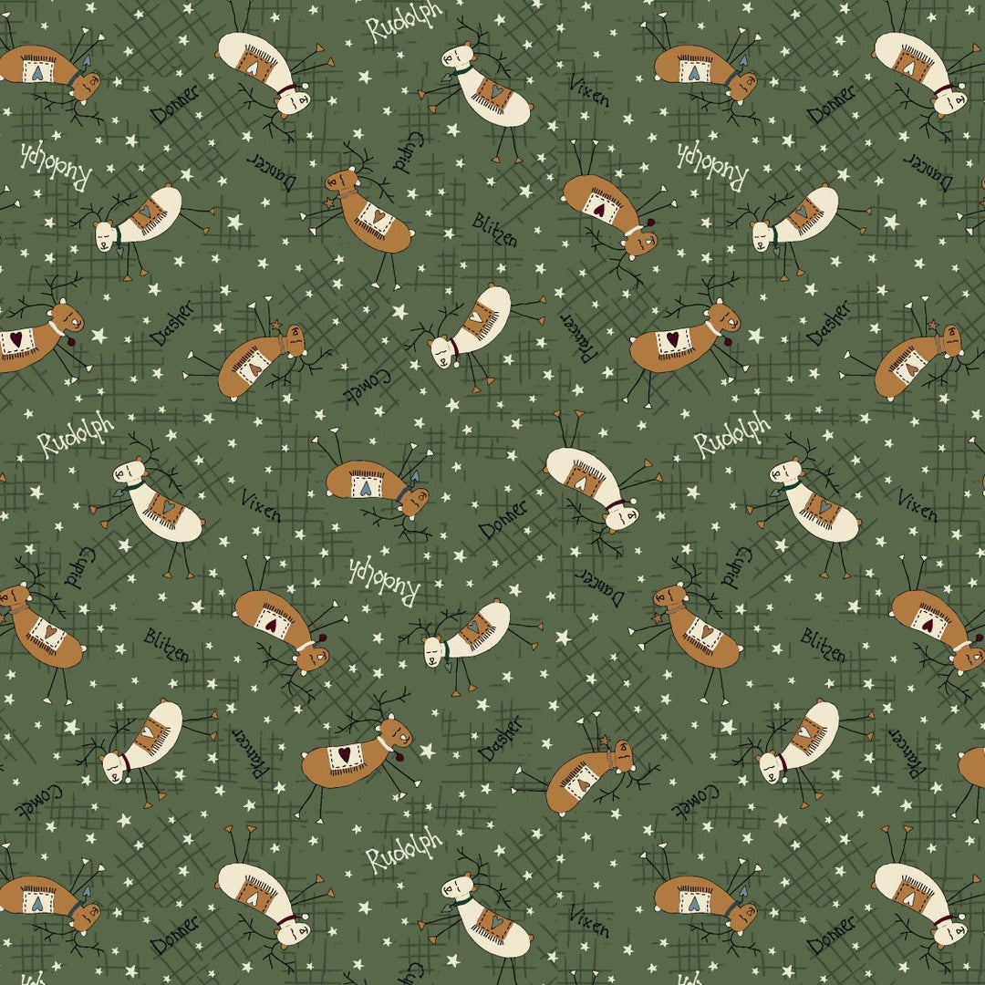 Christmas Traditions 81690-6 - green cotton with white and brown reindeer and reindeer names