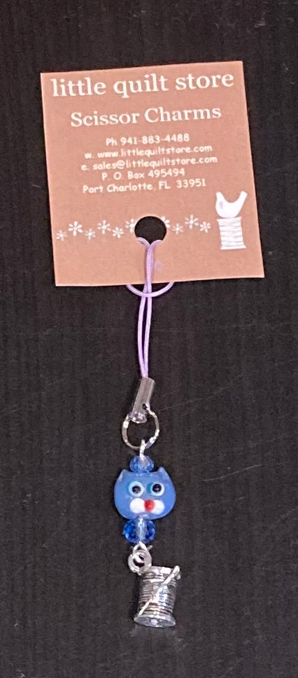 Scissor Charm - Blue Cat Face with silver spool of thread