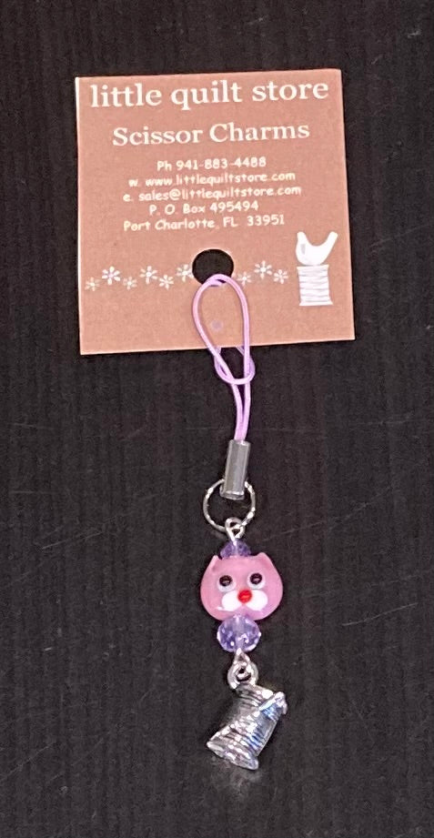 Scissor Charm - pink cat face with silver spool of thread