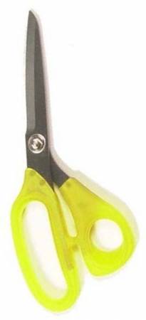 A pair of fabric scissors with yellow handles and stainless steel blades.
