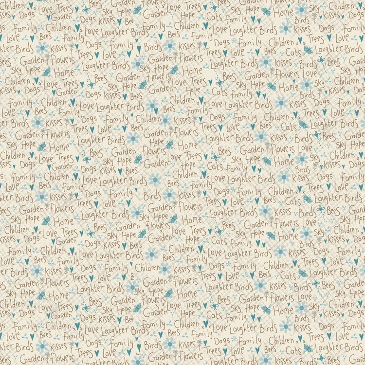Something Borrowed, Something Blue 2 - 81510-9 - Ecru cotton fabric with words in brown and blue hearts and flowers