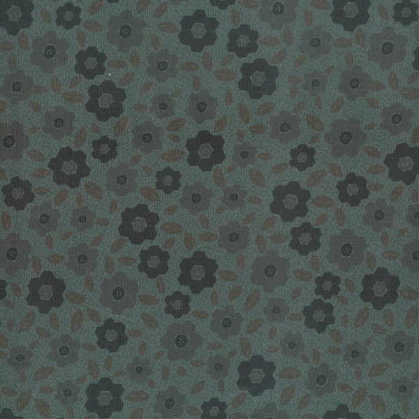 One Stitch at a Time 35073-60 - blue cotton fabric with mauve and dark blue hexagon flowers and green leaves
