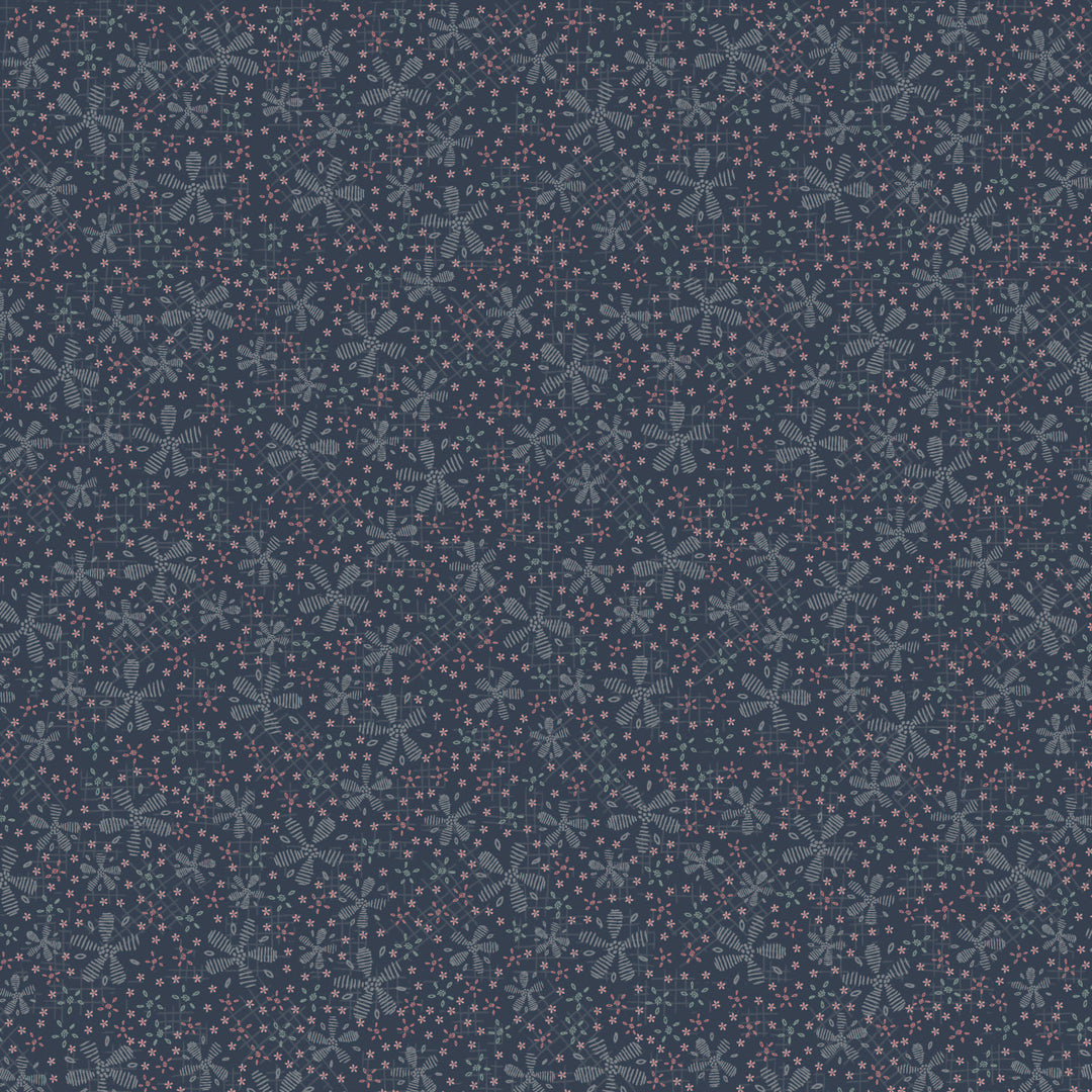 Corner of the Woods 80710-12 - Flower Path - dark blue cotton fabric with white and pink  flowers scattered over