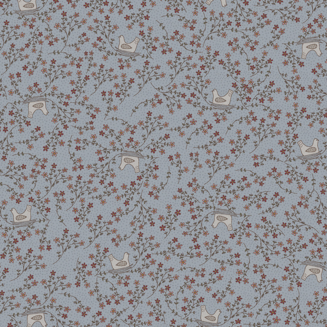 Corner of the Woods 80710-19 - The Nest - light blue cotton fabric with bird in nest and floral vine