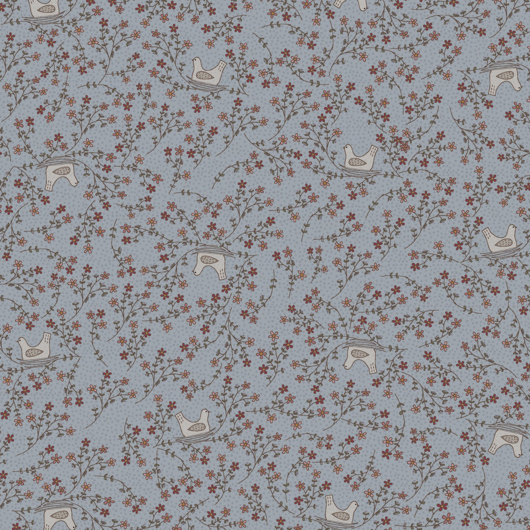 Corner of the Woods 80710-19 - The Nest - light blue cotton fabric with bird in nest and floral vine