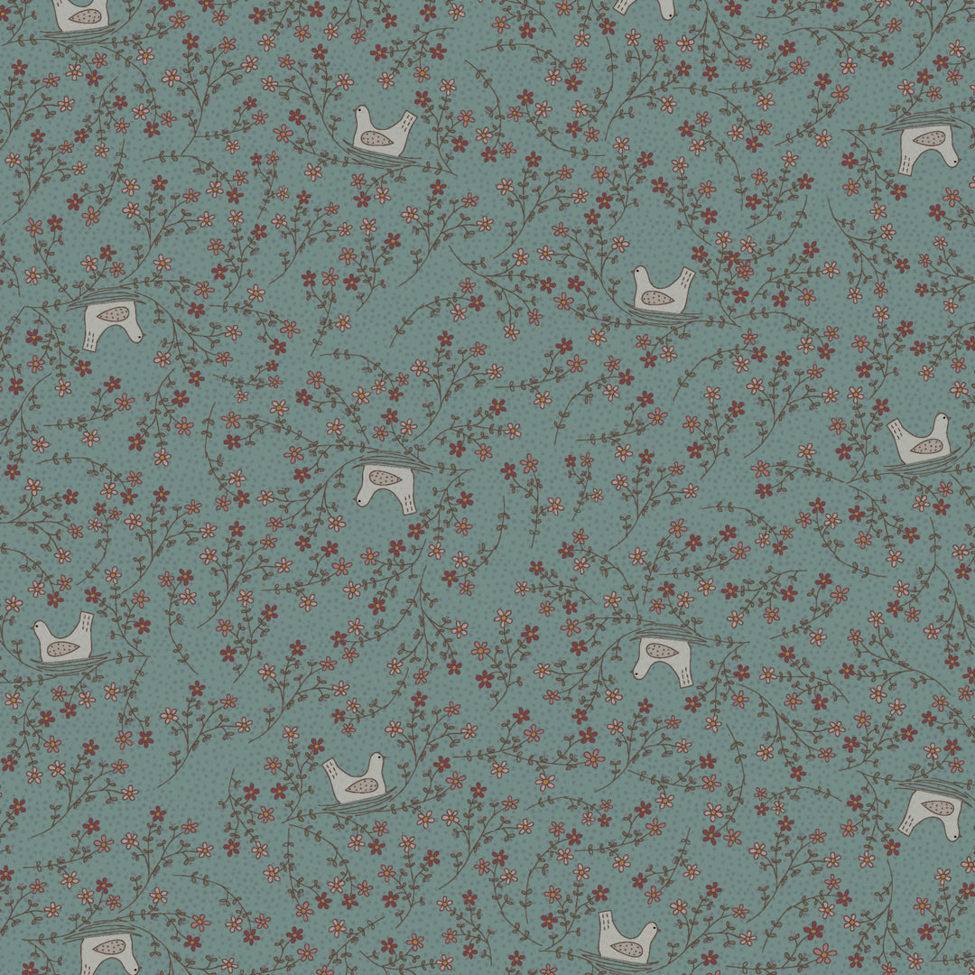 Corner of the Woods 80710-20 - The Nest - light green cotton fabric with bird in nest and floral vine