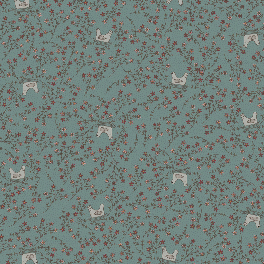 Corner of the Woods 80710-20 - The Nest - light green cotton fabric with bird in nest and floral vine