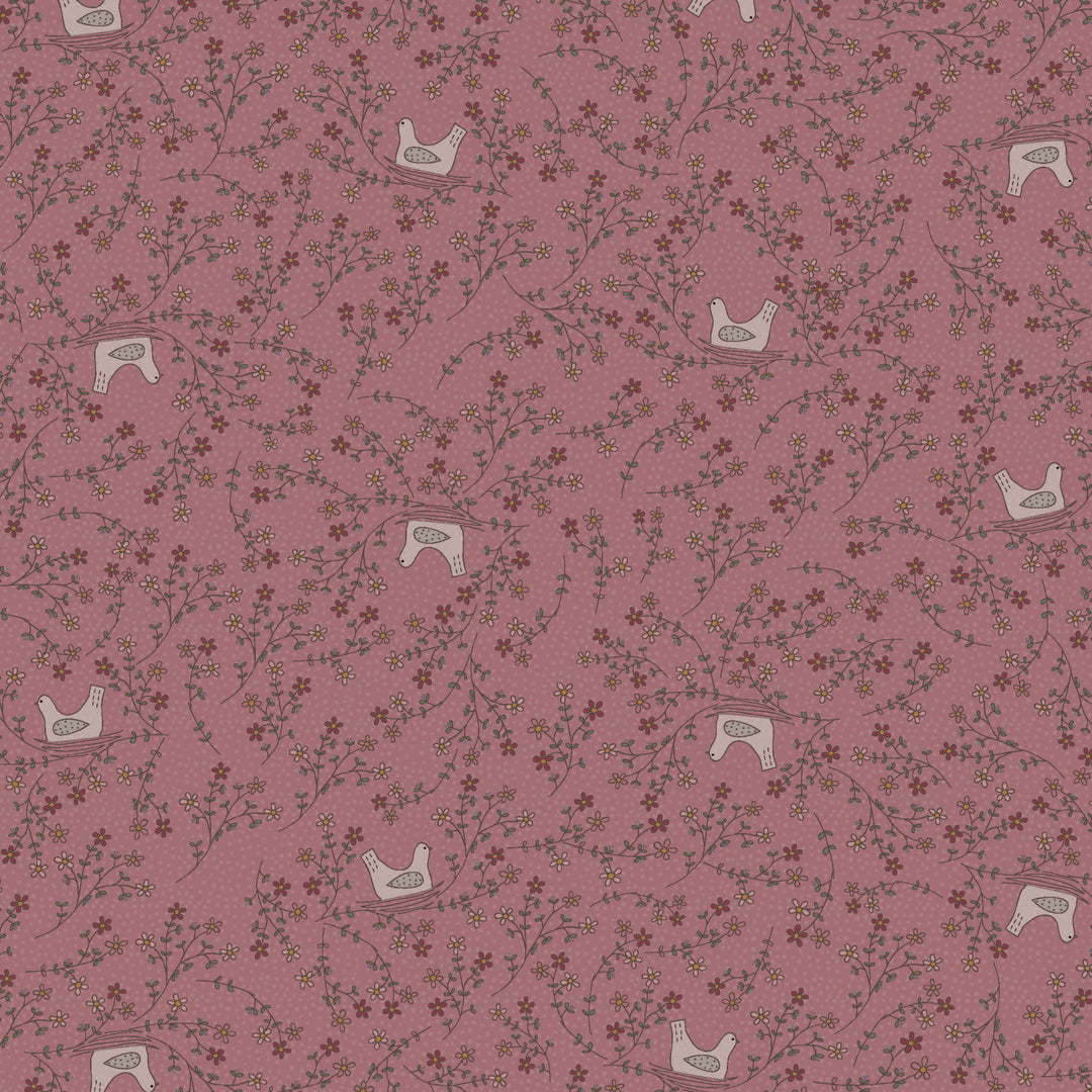 Corner of the Woods 80710-21 - The Nest - mauve cotton fabric with bird in nest and floral vine