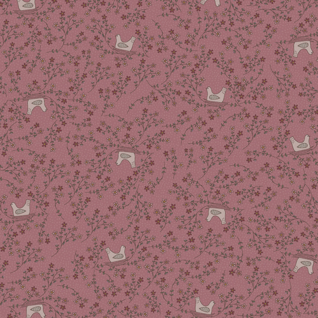 Corner of the Woods 80710-21 - The Nest - mauve cotton fabric with bird in nest and floral vine