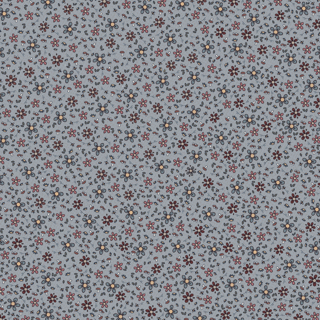Corner of the Woods 80710-23 - Wildflowers - little blue cotton fabric with blue, lavender, and red daisies, mushrooms, and bees scattered over