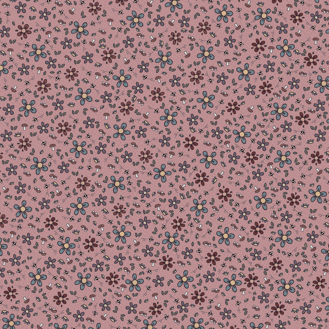 Corner of the Woods 80710-23 - Wildflowers - mauve cotton fabric with blue, lavender, and red daisies, mushrooms, and bees scattered over