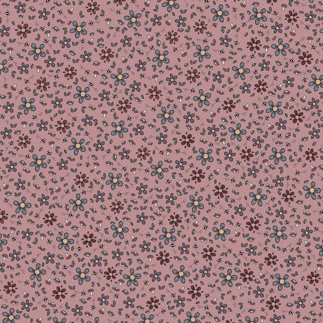 Corner of the Woods 80710-23 - Wildflowers - mauve cotton fabric with blue, lavender, and red daisies, mushrooms, and bees scattered over