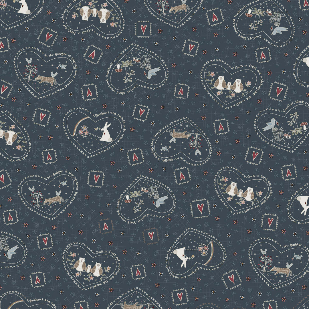 Corner of the Woods 80710-2 - Forest Friends - navy blue cotton fabric with wildlife vignettes in hearts scattered over