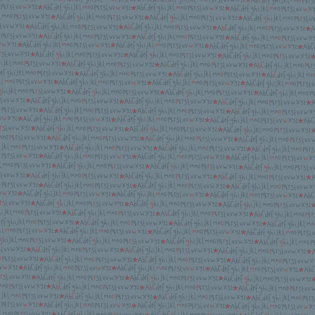 Corner of the Woods 80710-5 - Alphabet - gray blue cotton fabric with blue alphabet letters separated by tiny red daisies