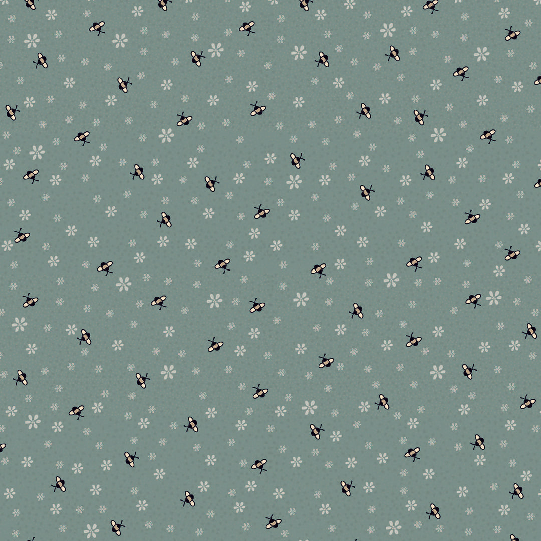Corner of the Woods 80710-7 - Busy Bees Fat Quarter - teale cotton fabric with tiny bees and flowers scattered over