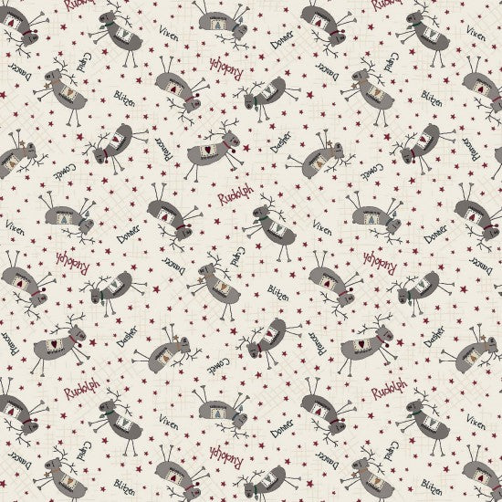 Hollyberry Christmas 81070-7 - White cotton fabric with reindeer scattered over and names of Santa's reindeer also scattered over