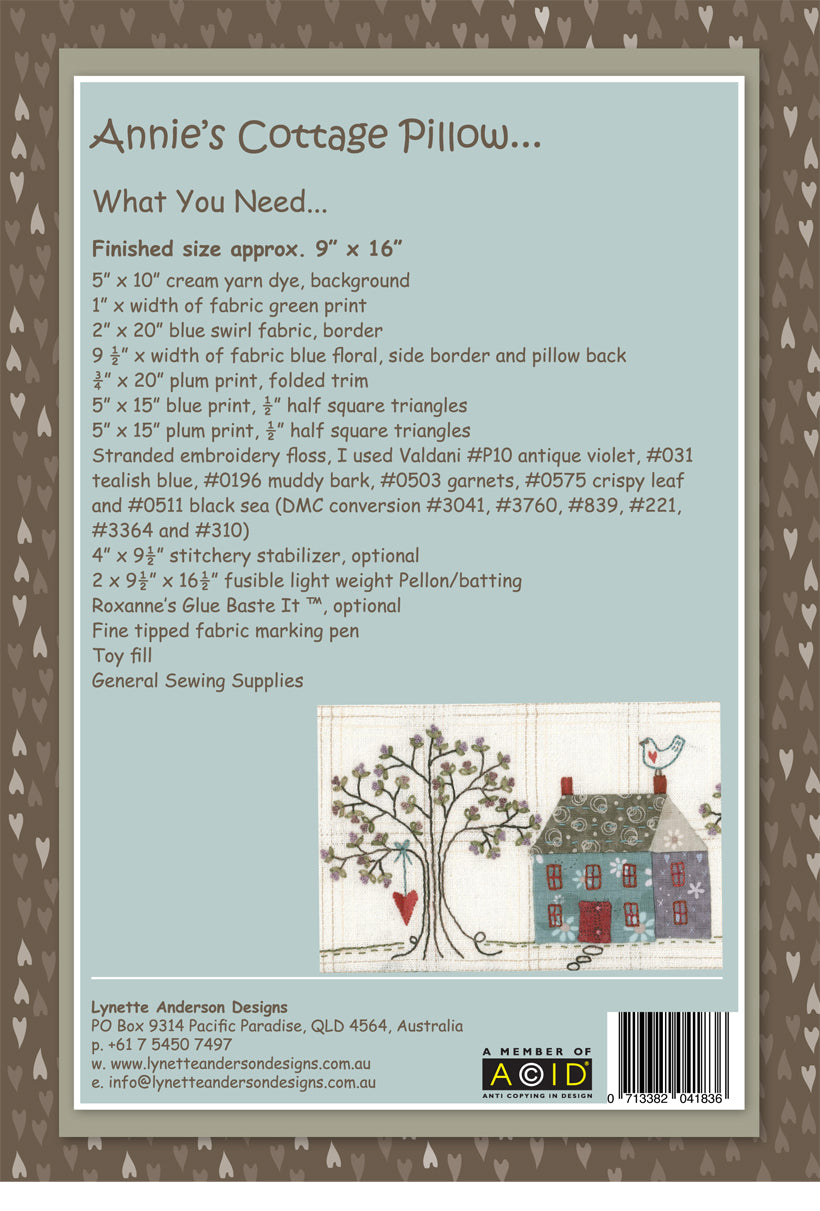 Annie's Cottage Pillow by Lynette Anderson Pattern Back