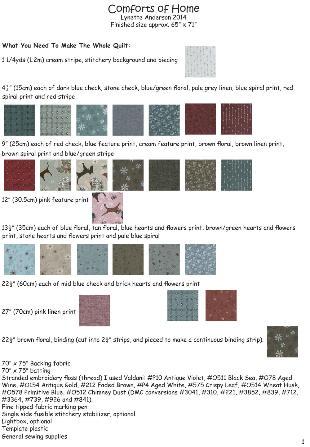 Comforts of Home Quilt by Lynette Anderson Project Requirements