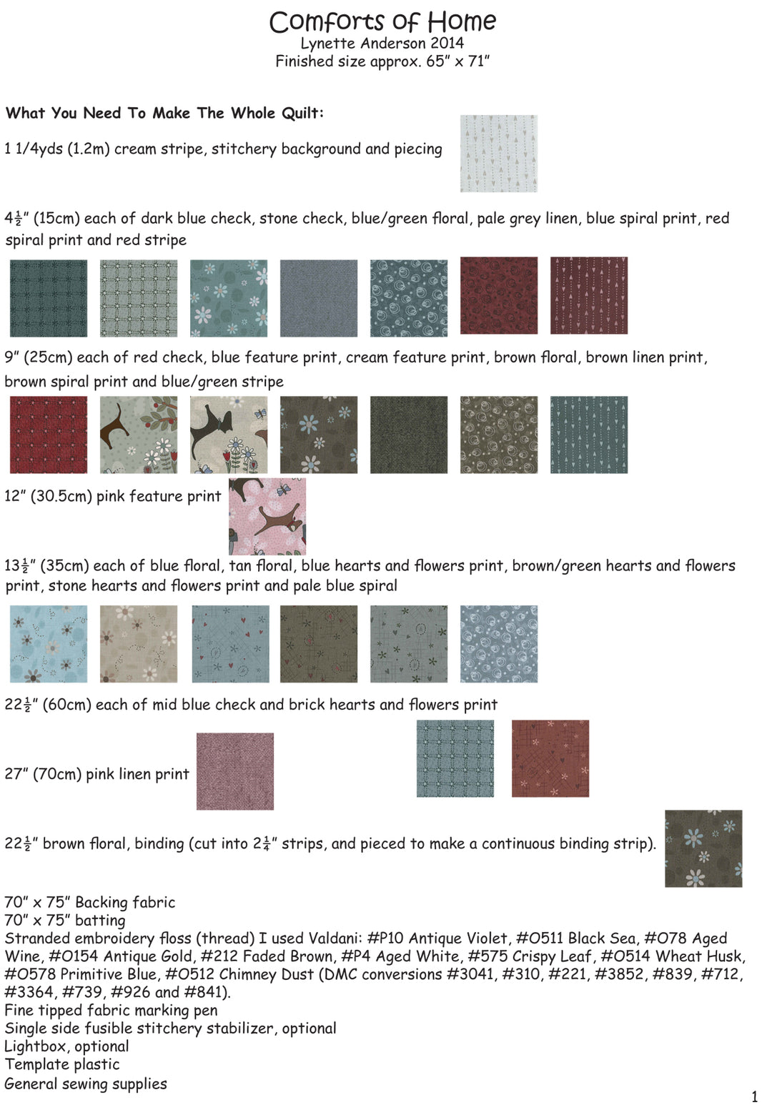 Comforts of Home Quilt by Lynette Anderson Project Requirements