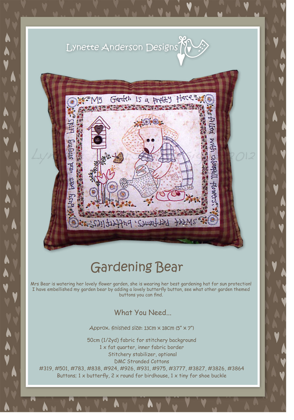 Gardening Bear Pillow by Lynette Anderson Pattern Back