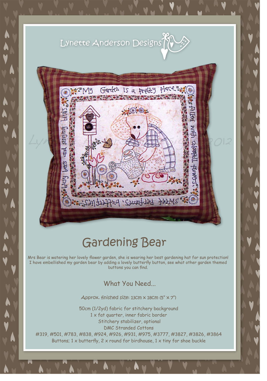 Gardening Bear Pillow by Lynette Anderson Pattern Back
