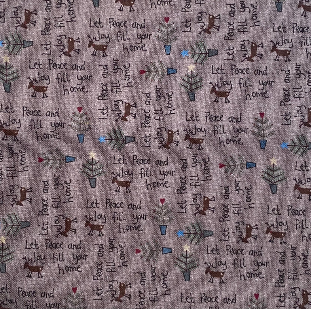 Peace and Joy 80620-11 - pink cotton fabric with tiny "Let Peace and Joy fill your home", reindeer, and Christmas trees