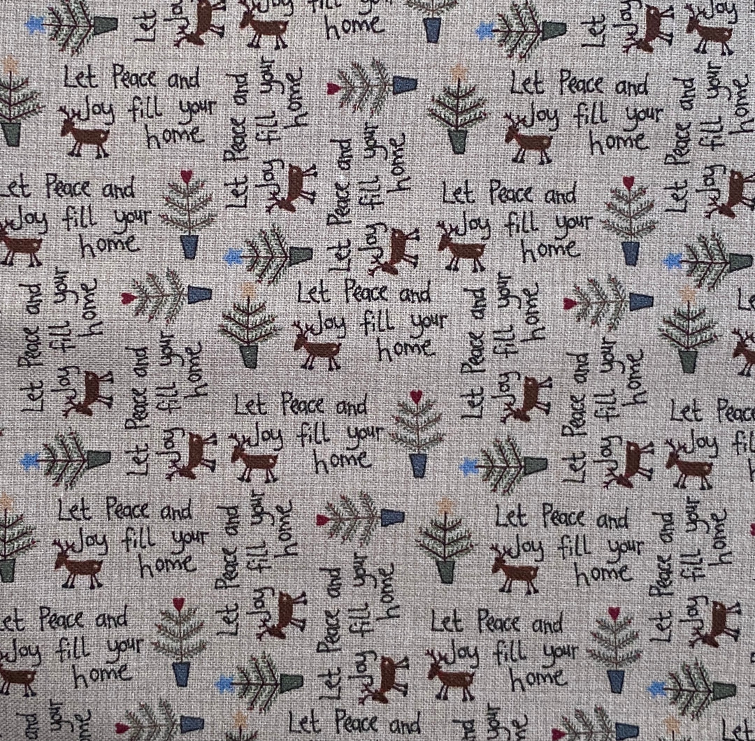 Peace and Joy 80620-12 - gray cotton fabric with tiny "Let Peace and Joy fill your home", reindeer, and Christmas trees