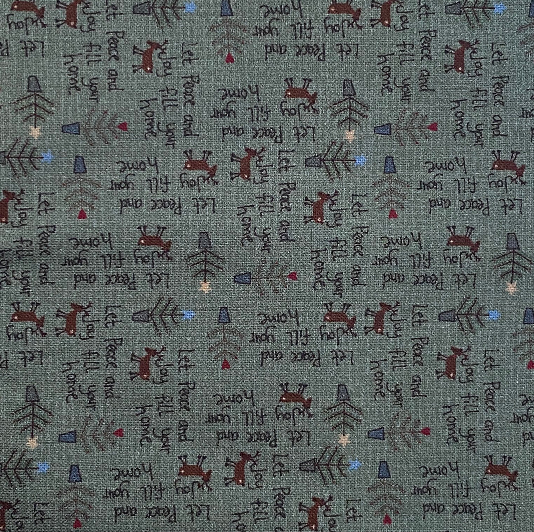 Peace and Joy 80620-13 - green cotton fabric with tiny "Let Peace and Joy fill your home", reindeer, and Christmas trees