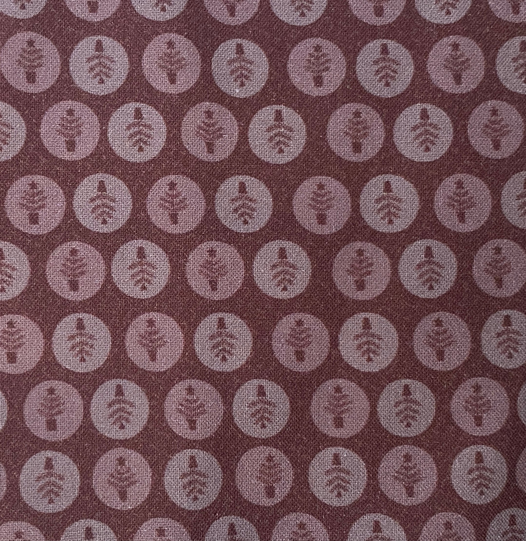 Peace and Joy 80620-14 Potted Trees - burgundy cotton fabric with tone-on-tone tiny trees in circles
