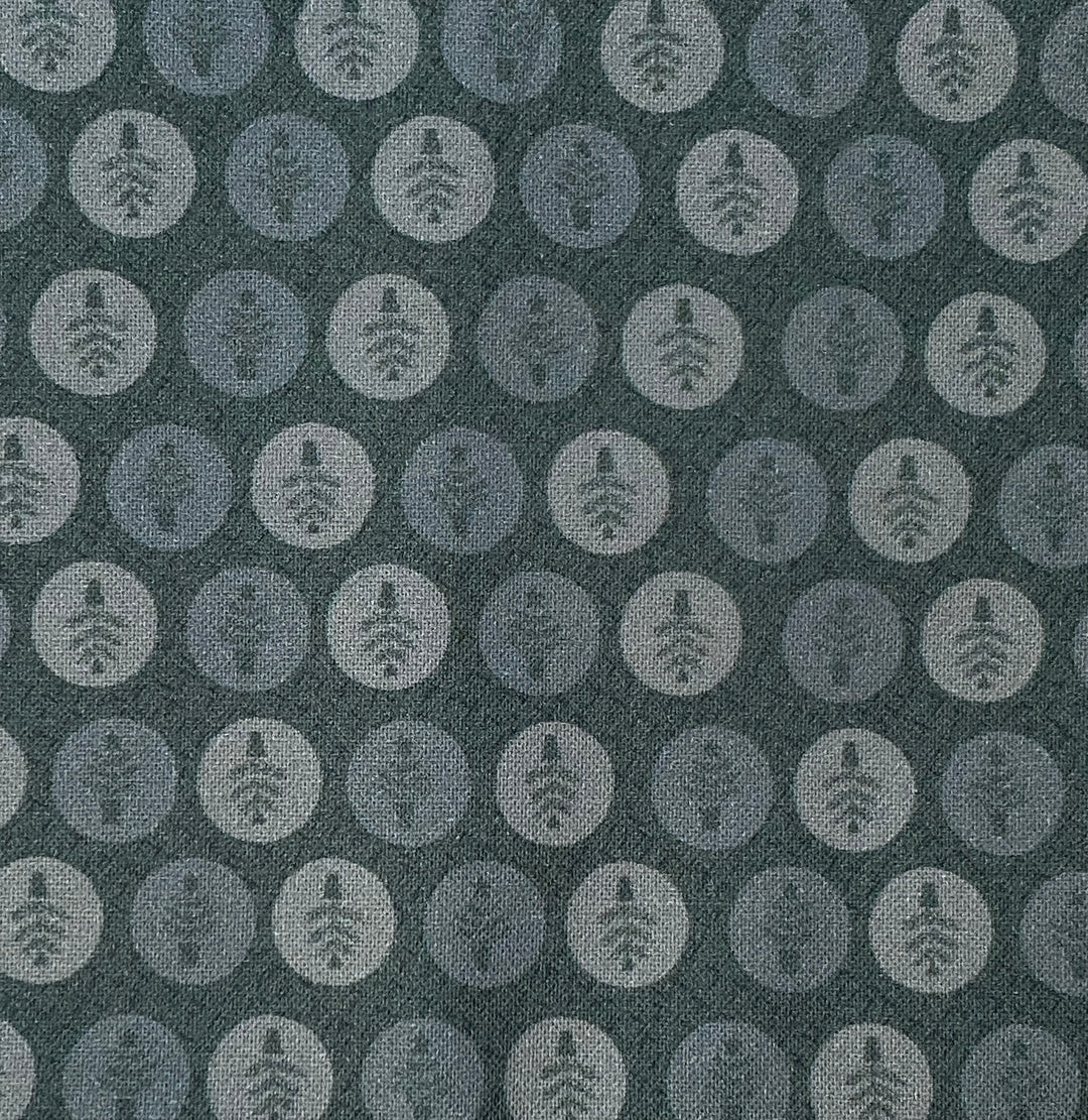 Peace and Joy 80620-15 Potted Trees - green cotton fabric with tone-on-tone tiny trees in circles