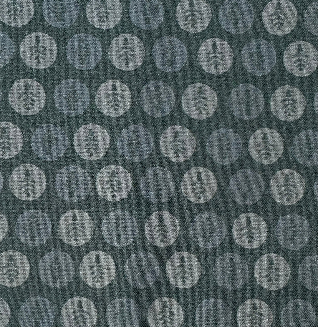 Peace and Joy 80620-15 Potted Trees - green cotton fabric with tone-on-tone tiny trees in circles