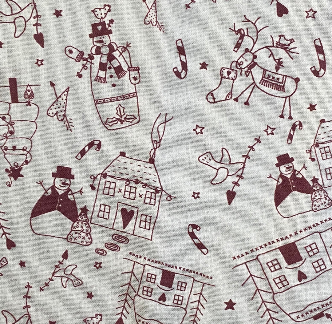 Peace and Joy 80620-3 - Gray cotton fabric with houses, Christmas trees, reindeer, and snowmen in burgundy