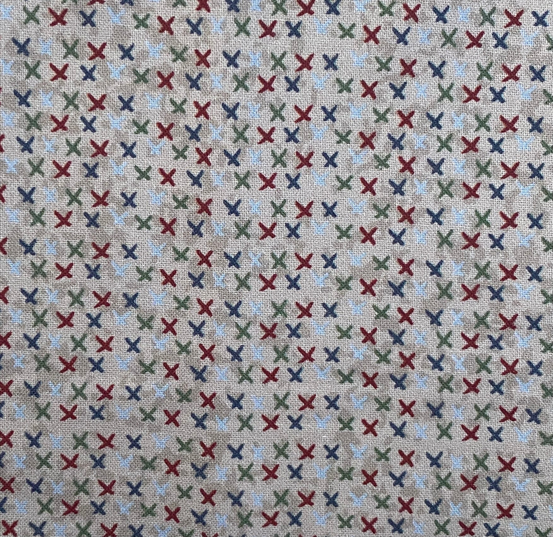 Peace and Joy 80620-9 Love and Kisses - gray cotton fabric with navy, green, burgundy and light blue x's