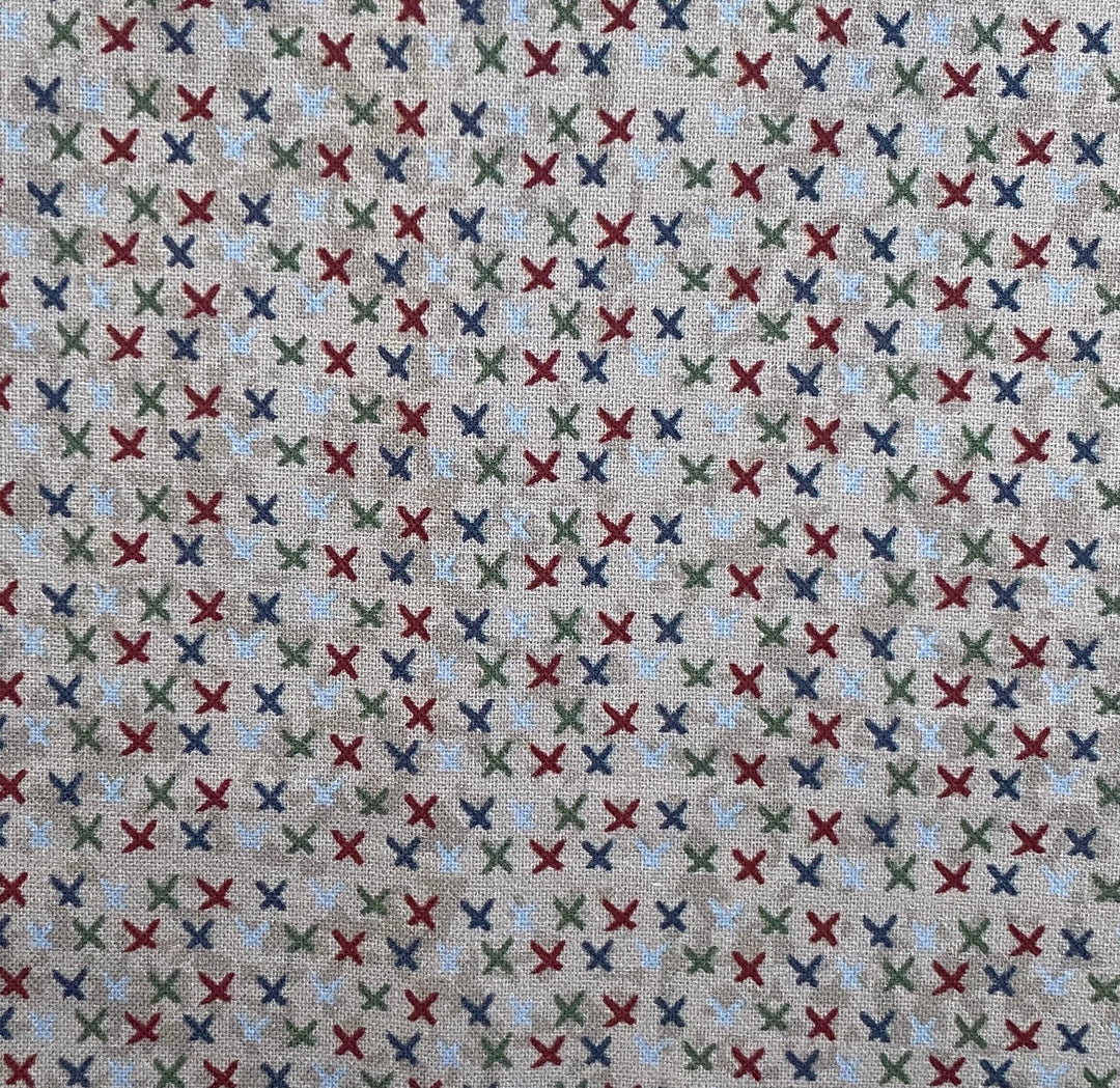 Peace and Joy 80620-9 Love and Kisses - gray cotton fabric with navy, green, burgundy and light blue x's