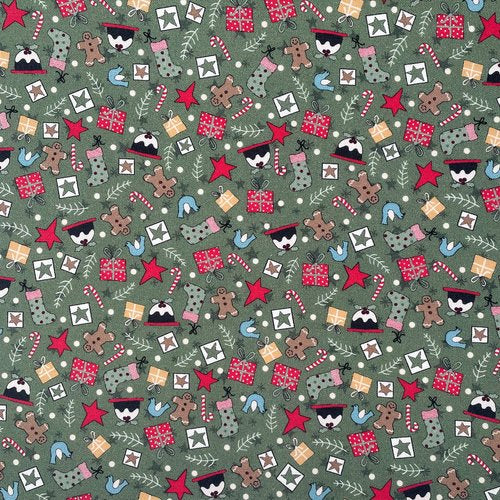 Fabric with a Christmas-themed pattern featuring holiday motifs on a green background.