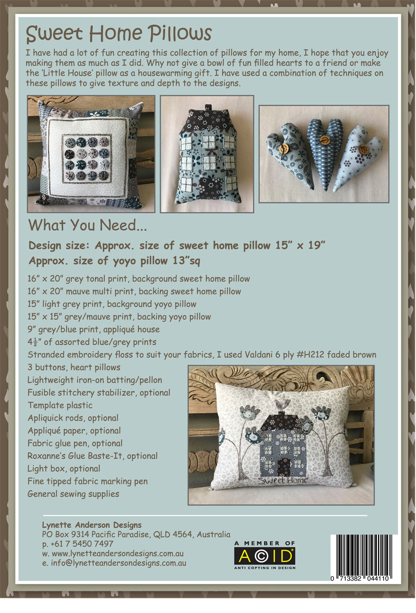 Sweet Home Pillows by Lynette Anderson Pattern Back