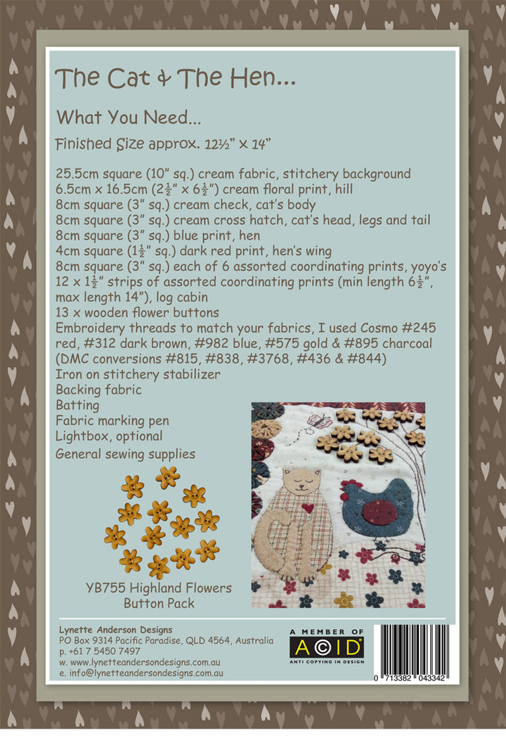 The Cat and the Hen Mini Quilt by Lynette Anderson Pattern Back