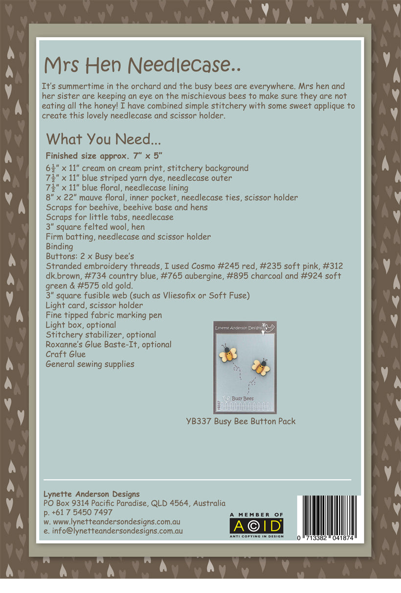 Mrs. Hen Needlecase and Scissor Keeper by Lynette Anderson Pattern Back