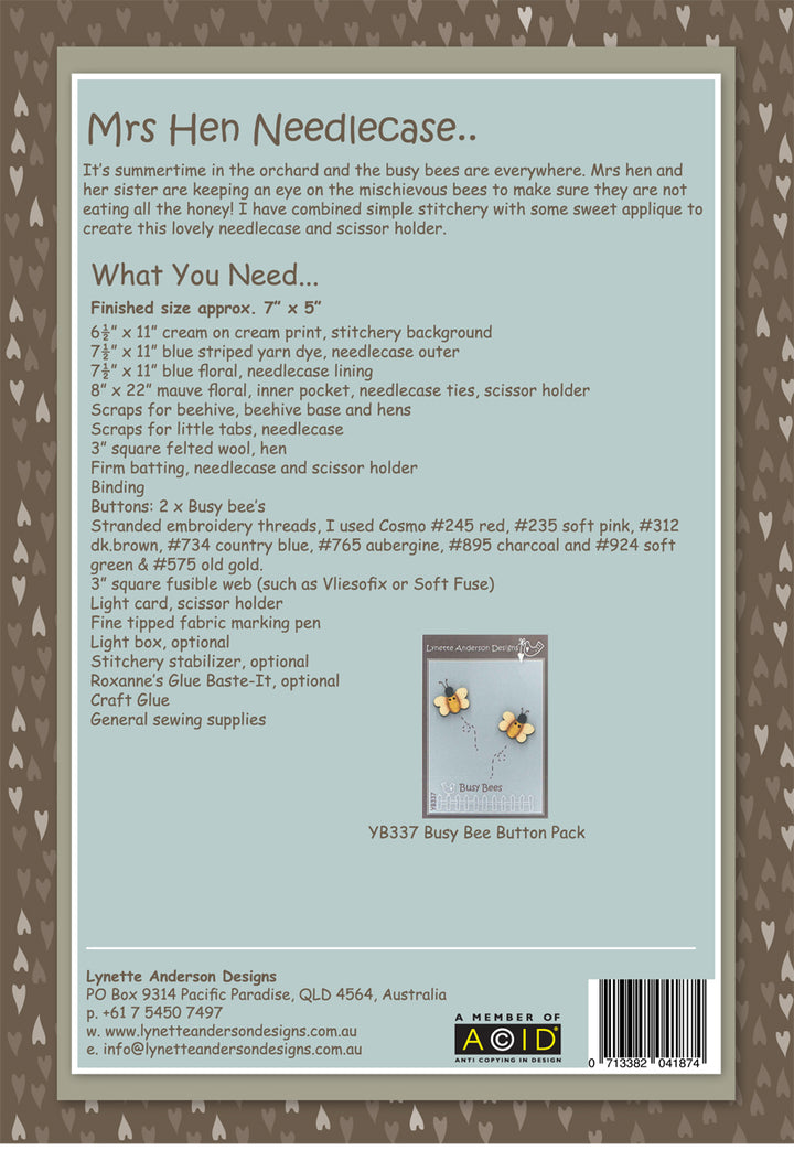 Mrs. Hen Needlecase and Scissor Keeper by Lynette Anderson Pattern Back