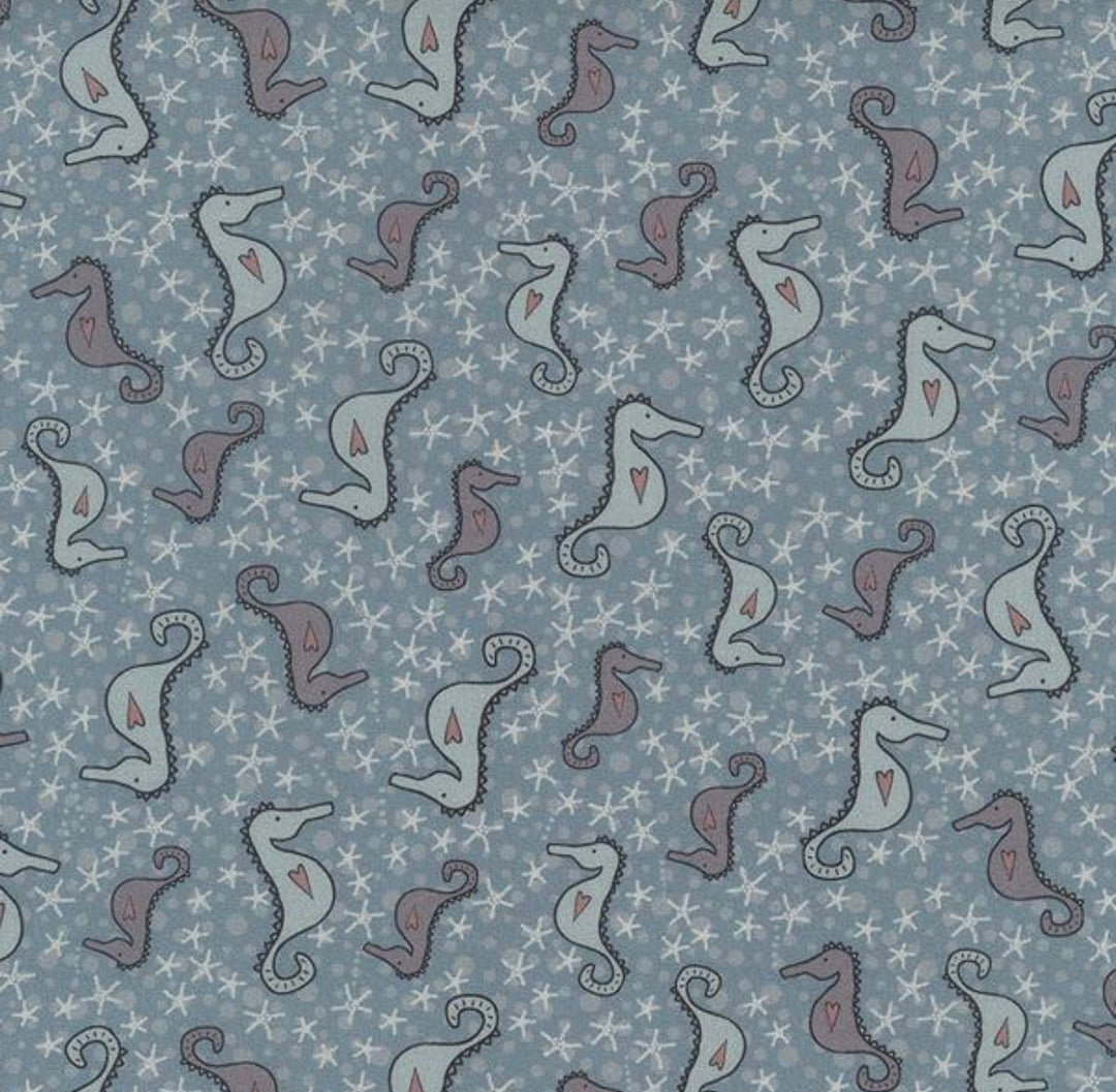 Ship to Shore 706902-60 Seahorses - blue cotton with white and lavender sea horses and white starfish