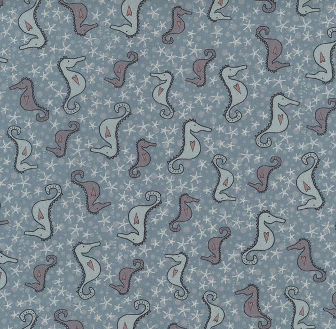 Ship to Shore 706902-60 Seahorses - blue cotton with white and lavender sea horses and white starfish