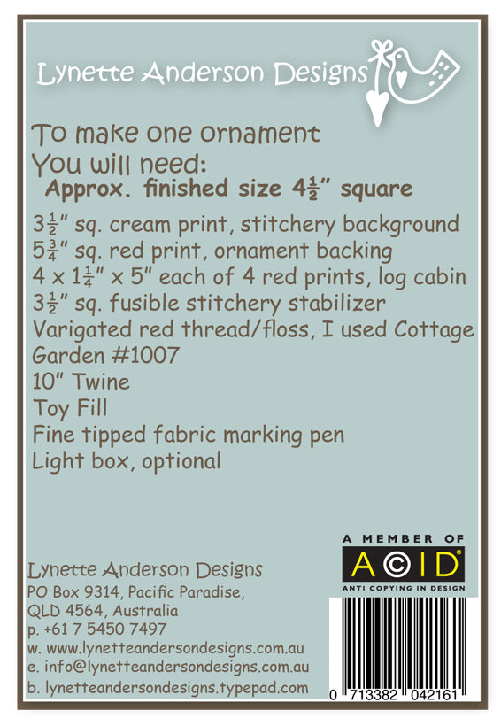 Sweet Christmas Ornaments by Lynette Anderson  Pattern Back