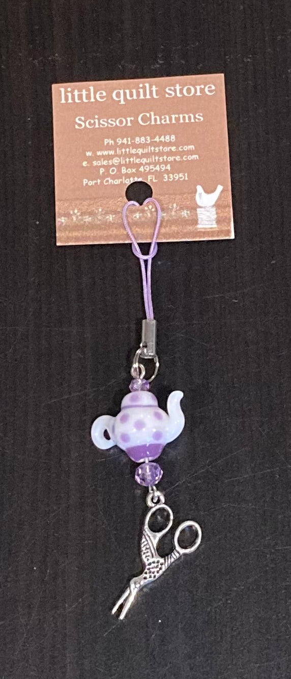 Scissor Charm - Lavender polka dot teapot with silver scissors charm