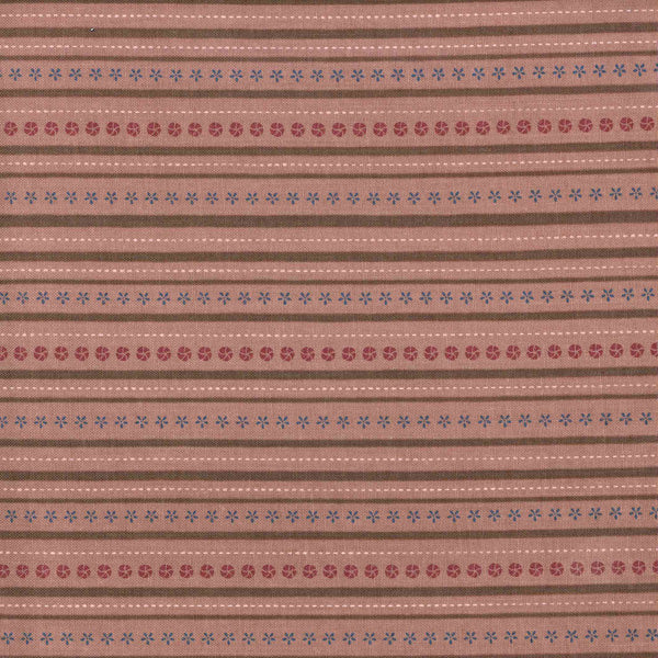 Summer Holiday - Deckchair Stripe - Driftwood 3207-001 - mauve cotton with brown stripe, white dashed stripe, and pink and blue tiny flowers stripe