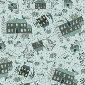 Peacock Manor - Peacock Lane Fog 3323-001 - light blue cotton fabric with manor houses and peacocks