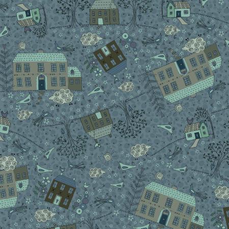 Peacock Manor - Peacock Lane Fog 3323-002 - gray blue cotton fabric with manor houses and peacocks