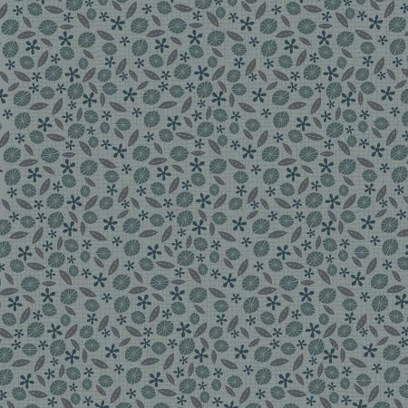 Peacock Manor - Daisy Fields Dusty Opal 3325-004 - blue cotton fabric with blue flowers and gray leaves scattered