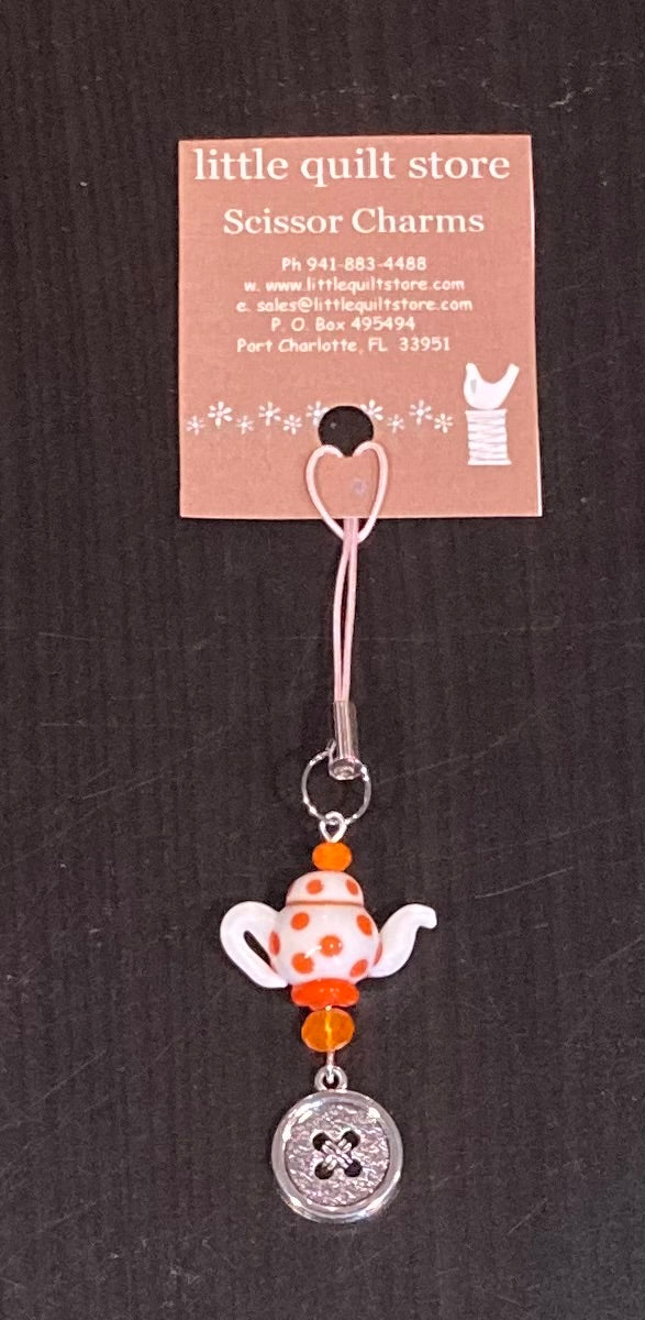 Scissor Charm - Orange polka dot teapot with silver button charm
