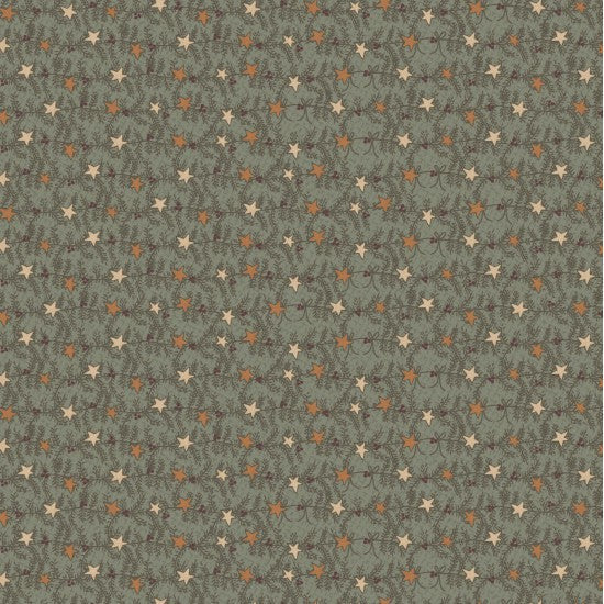 Hollyberry Christmas 81070-15 - green cotton fabric with gold and yellow stars and red hearts